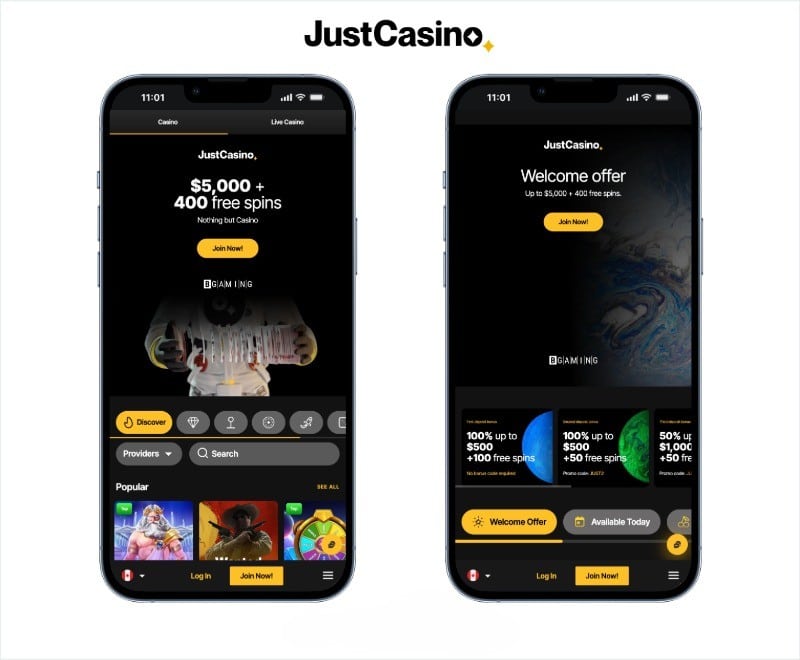 justcasino mobile screenshots on a white background